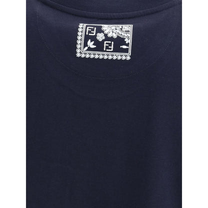 Fendi Blue Cotton T-Shirt with distinctive bandana print on pocket and iconic monogram patch for contemporary style, AW25 collection.