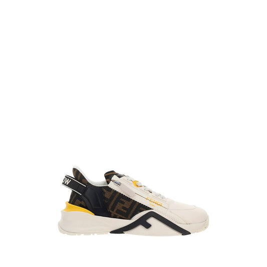 Fendi White Calf Leather Bos Taurus Athletic Sneakers with structured heel and geometric eyelets, sporty style fashion footwear.