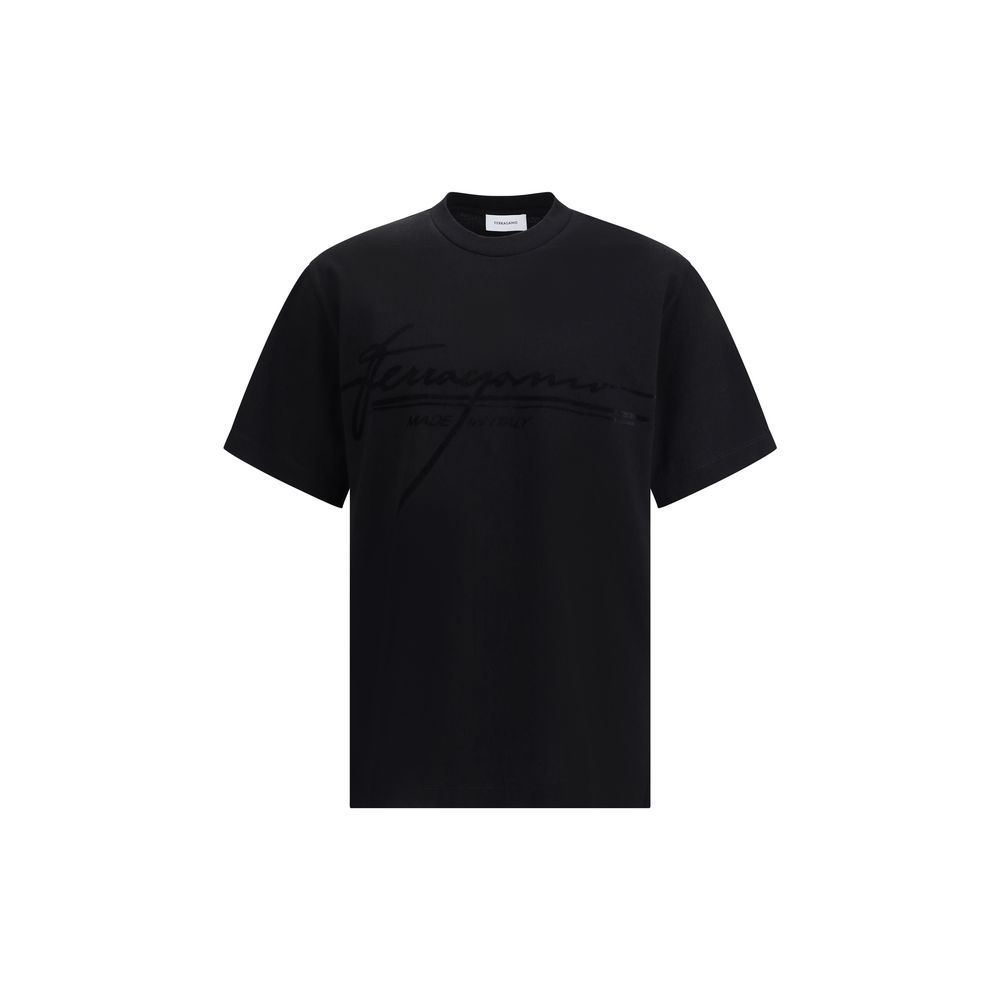 Ferragamo Black Cotton T-Shirt with ribbed crew neck and tone-on-tone signature, showcasing minimal elegance and refined details.