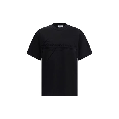 Ferragamo Black Cotton T-Shirt with ribbed crew neck and tone-on-tone signature, showcasing minimal elegance and refined details.