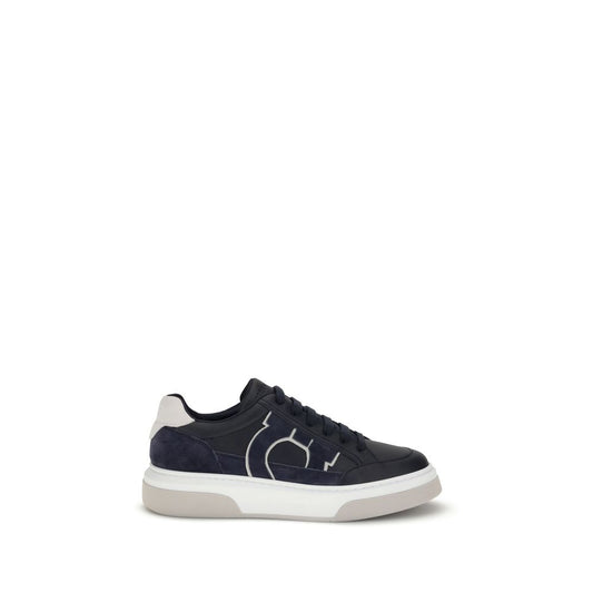 Ferragamo Blue Calf Leather Bos Taurus Low Top Sneakers with Gancini silhouette and rubber sole, retro basketball style.