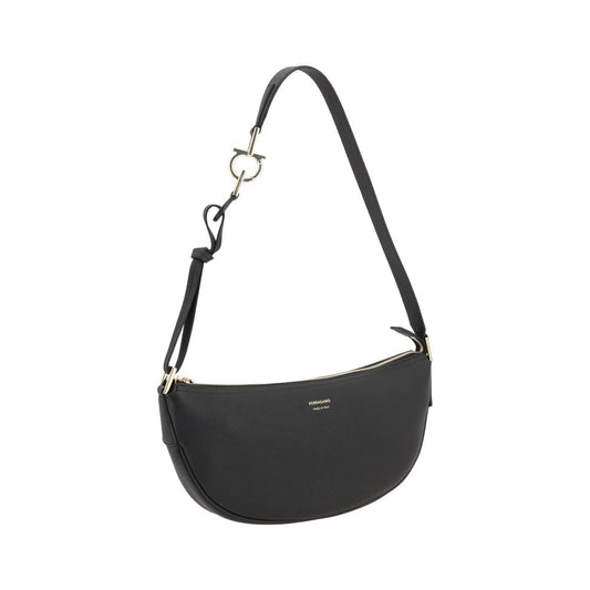 Black Ferragamo Hobo Shoulder Bag with half-moon design and adjustable strap, featuring iconic monogram on front