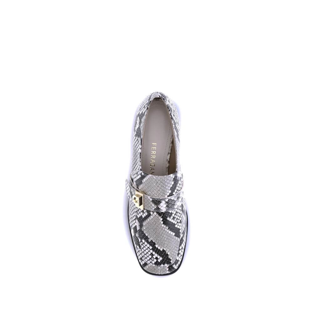 Ferragamo Multicolor Goatskin Slip-On Loafers with python print and golden metal detail, top view.