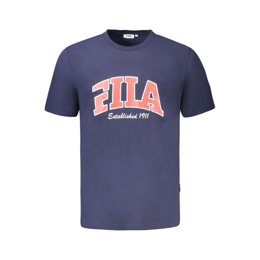 Fila Blue Cotton Men T-Shirt with graphic print and logo, short sleeve crew neck, 100% cotton, ideal for casual style.