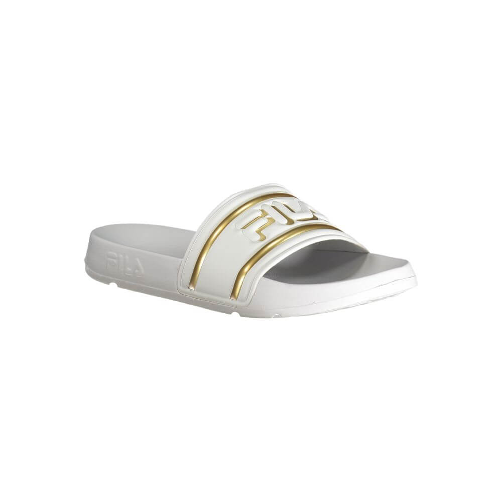 Fila White Polyethylene Sandal with gold logo and contrasting details, Morro Bay style slipper for casual wear.