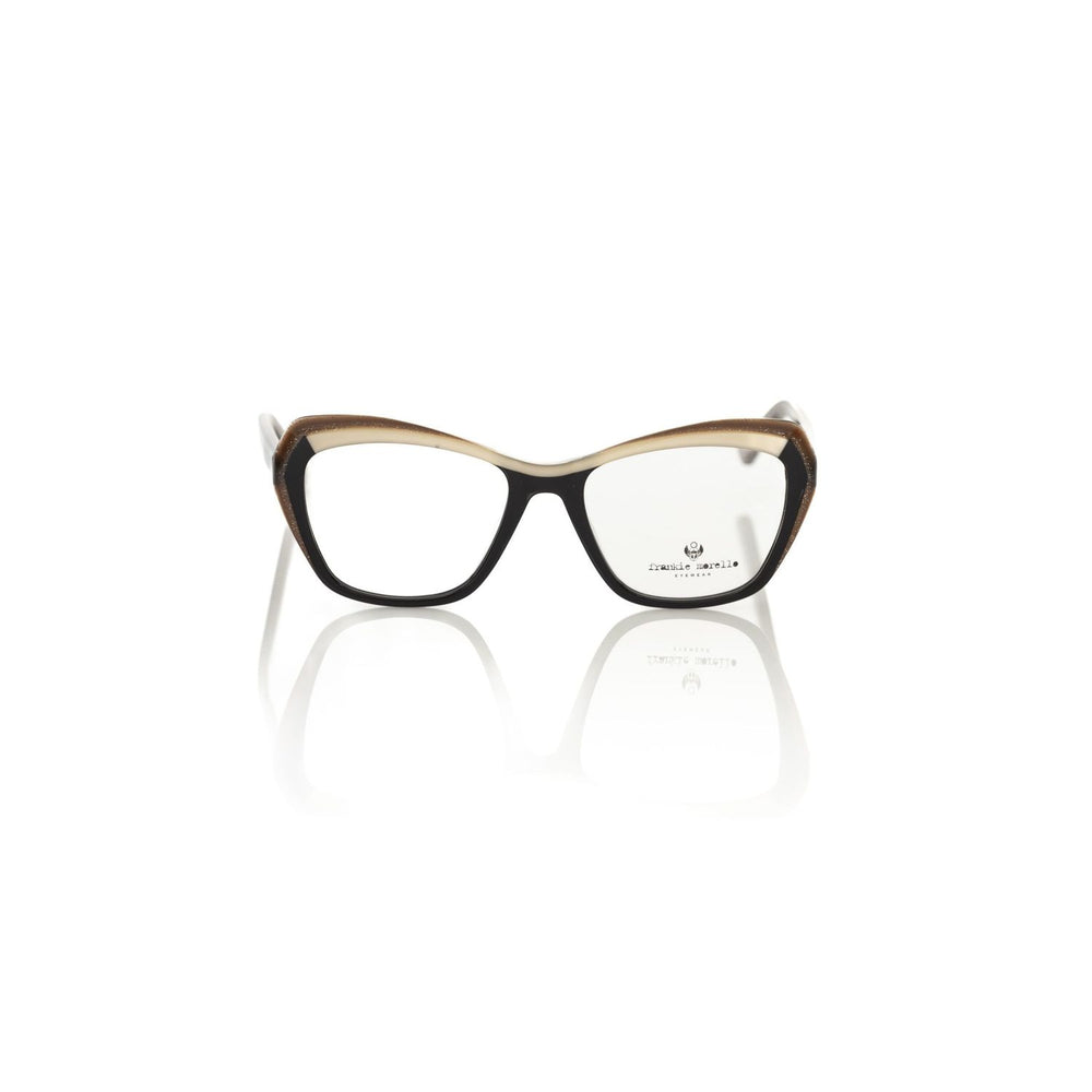 Frankie Morello Black Acetate Women's Eyeglass Frame in cat eye design with black and cream glitter-encrusted temples.
