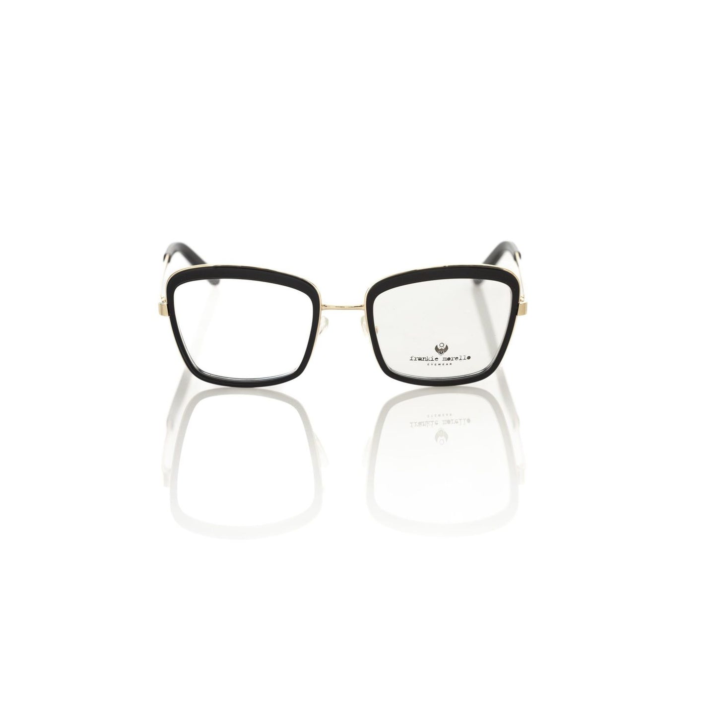 Frankie Morello Black Metallic Fibre Women's Frame square eyeglasses with bold black and gold pattern design, showcasing Italian craftsmanship.