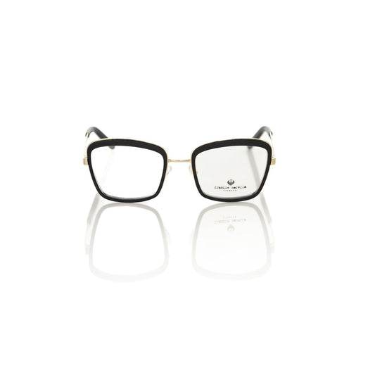 Frankie Morello Black Metallic Fibre Women's Frame square eyeglasses with bold black and gold pattern design, showcasing Italian craftsmanship.