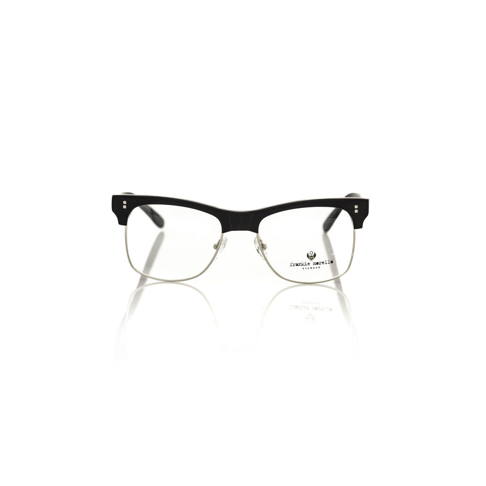 Frankie Morello Black Metallic Unisex Eyeglass Frame with sleek acetate and metal design, ideal for fashion-forward style seekers.