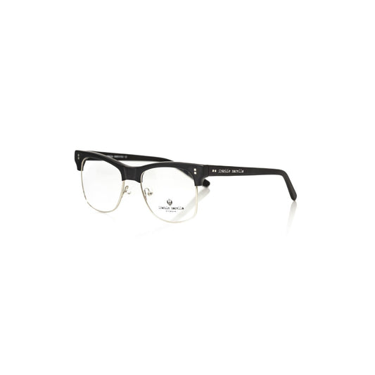 Frankie Morello Black Metallic Unisex Eyeglass Frame with bold metal and acetate design, showcasing Italian craftsmanship.