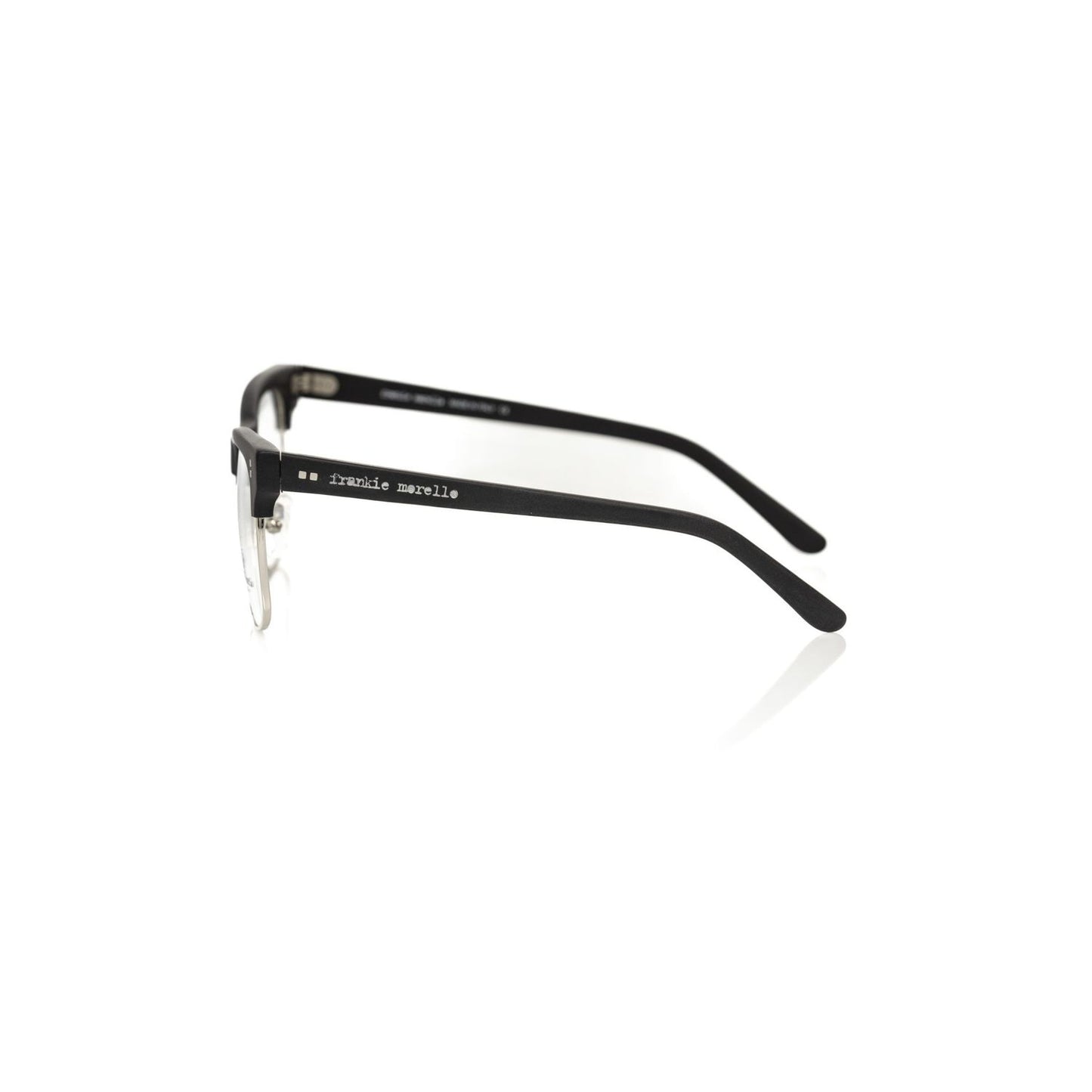 Side view of Frankie Morello Black Metallic Unisex Eyeglass Frame with logo on temples