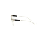 Frankie Morello Black Metallic Women's Eyeglass Frame with acetate arms and metallic upper, side view showcasing geometric pattern.