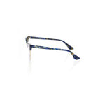 Side view of Frankie Morello Blue Metallic Women's Eyeglass Frame showcasing blue Havana pattern and sleek design.