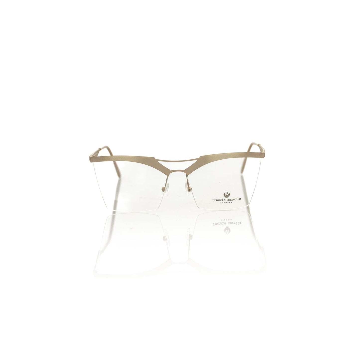 Frankie Morello Brown Metallic Fiber Women Frame eyeglasses with glitter brown metal profile, classic clubmaster style for fashion-forward wear.