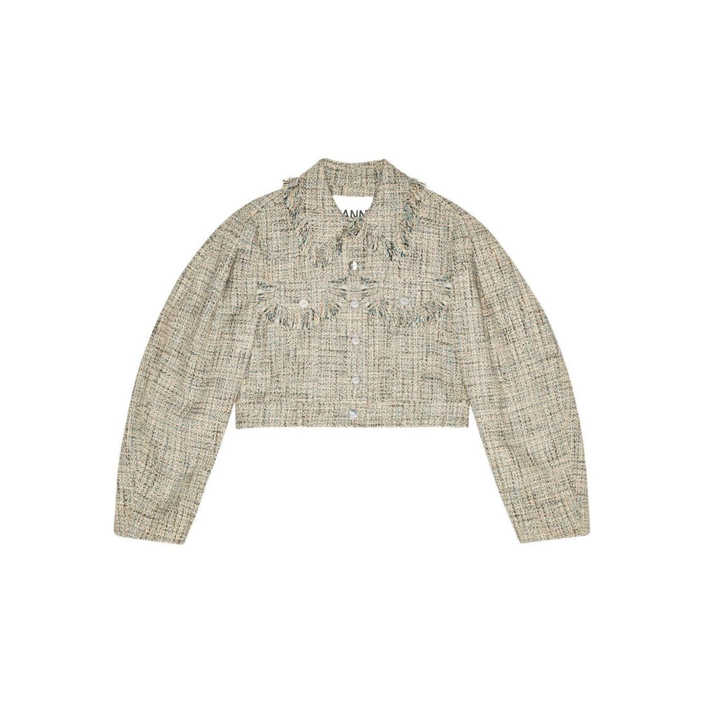 GANNI Jackets Beige, tweed jacket with frayed detailing, front button, two chest pockets, and a pointed flat collar in light beige.