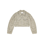 GANNI Jackets Beige, tweed jacket with frayed detailing, front button, two chest pockets, and a pointed flat collar in light beige.