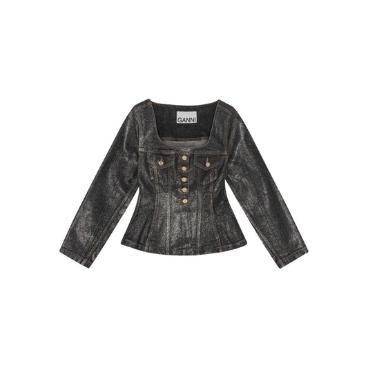 GANNI Jackets Black denim cotton blazer with front button fastening and peplum waist, featuring two chest flap pockets.