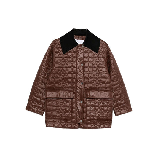 GANNI Jackets Brown quilted nylon jacket with contrasting collar, snap button fastening, and flap pockets featuring logo pattern.