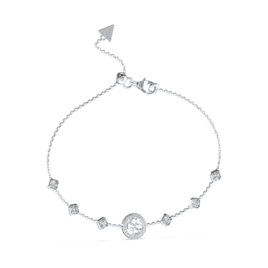 Elegant silver bracelet from GUESS JEWELS JEWELRY Mod. JUBB04156JWRHT-U with decorative stones, showcasing delicate craftsmanship.