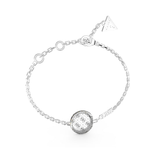 GUESS JEWELS JEWELRY Mod. JUBB04264JWRHS bracelet with silver chain and engraved charm on white background