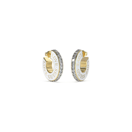 GUESS JEWELS JEWELRY Mod. JUBE04083JWYGWHT-U, stylish hoop earrings with "LOVE" inscription and sparkling details, gold finish.