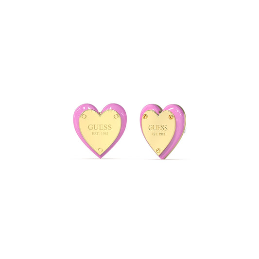Heart-shaped earrings from GUESS JEWELS JEWELRY Mod. JUBE04207JWYGPKT-U in gold and pink enamel.