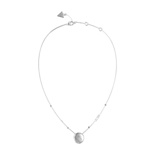 GUESS JEWELS JEWELRY Mod. JUBN04263JWRHT-U necklace on white background, elegant silver design with pendant