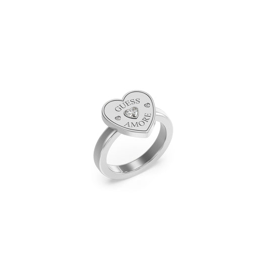 Heart-shaped silver ring from GUESS JEWELS JEWELRY Mod. JUBR05059JWRH56 featuring "GUESS AMORE" and a central gem.
