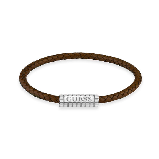 Alt Tag: GUESS JEWELS JEWELRY Mod. JUMB05035JWSTBWS brown leather bracelet with silver clasp.