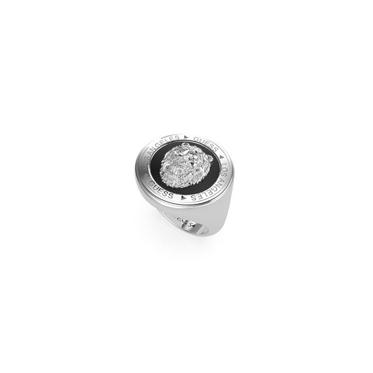 GUESS JEWELS JEWELRY Mod. JUMR01315JWSTBK62 silver ring with decorative emblem on white background