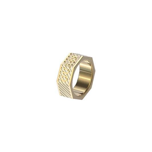 GUESS JEWELS JEWELRY Mod. JUMR03030JWYG64 gold ring with engraved pattern, side view showcasing unique design.