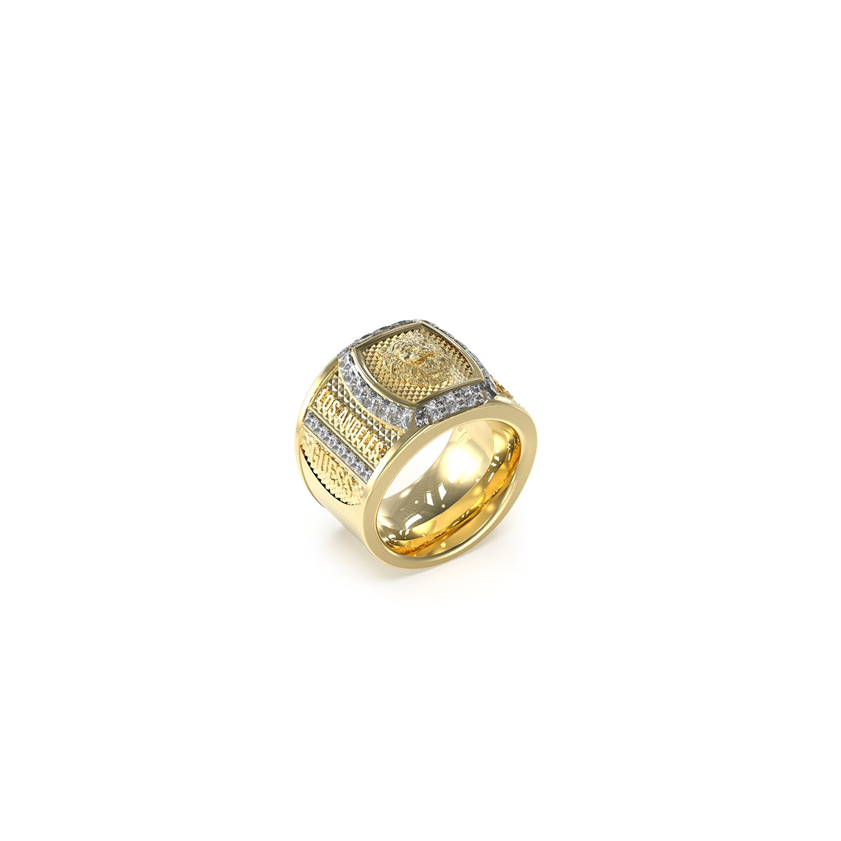 GUESS JEWELS JEWELRY Mod. JUMR05007JWYG64 gold ring with intricate design on a white background
