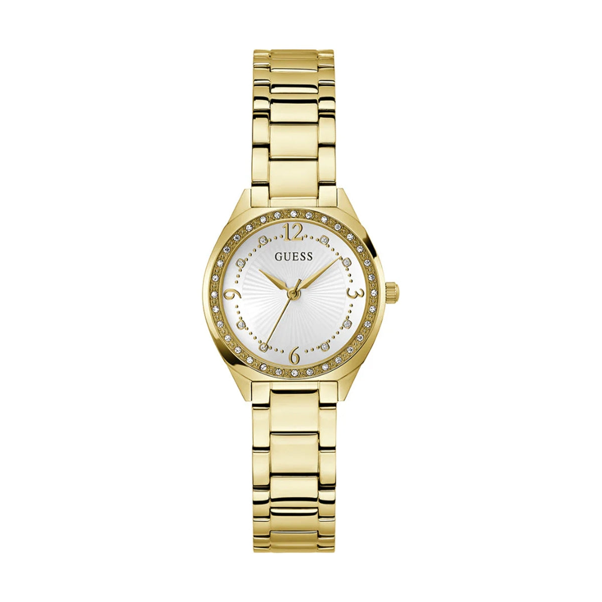 GUESS Mod. CHARLOTTE gold ladies wristwatch, 30 mm case, quartz movement, water resistant 3 ATM, SS IP gold strap, in official box.