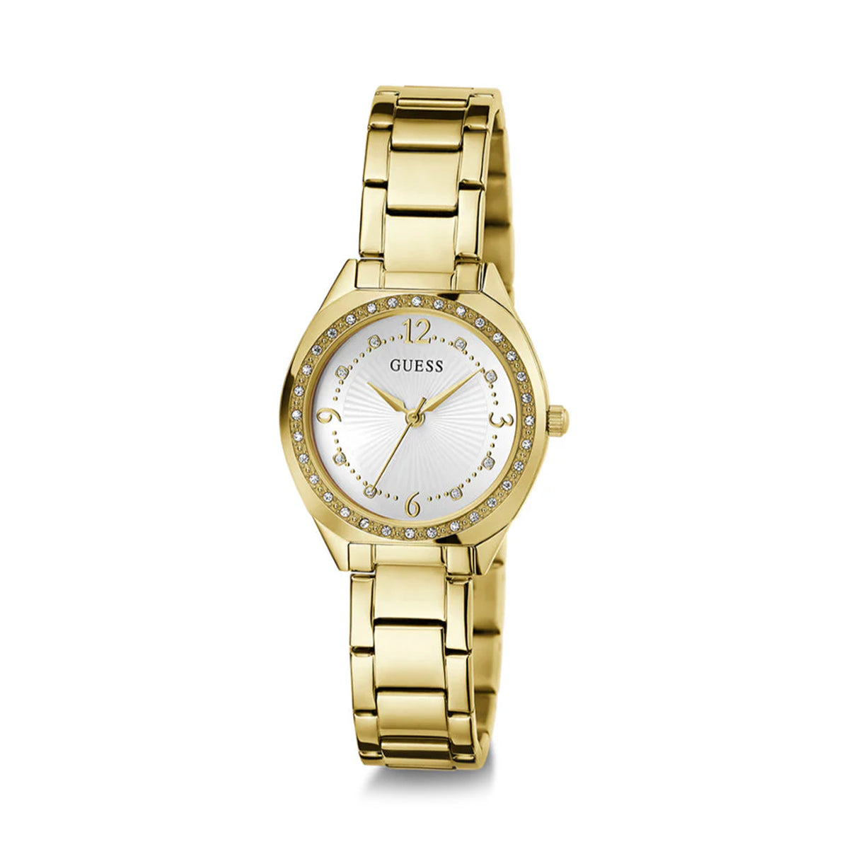GUESS Mod. CHARLOTTE gold women's wristwatch, 30mm case, 3 ATM water resistance, quartz movement, presented in an official box.