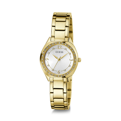 GUESS Mod. CHARLOTTE gold women's wristwatch, 30mm case, 3 ATM water resistance, quartz movement, presented in an official box.