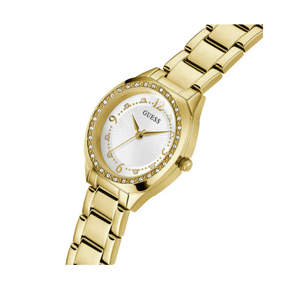 GUESS Mod. CHARLOTTE ladies wristwatch in SS IP Gold, 30 mm case, quartz movement, mineral dial, 3 ATM water resistance, official box included.