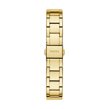 Alt Tag: GUESS Mod. CHARLOTTE gold stainless steel wristwatch with 3 ATM water resistance and quartz movement.