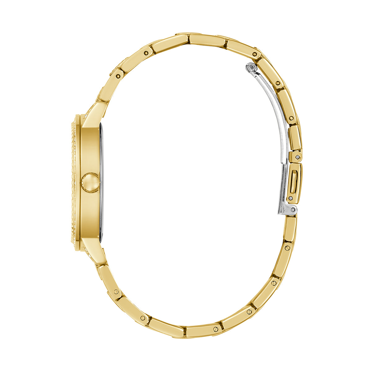 Side view of GUESS Mod. G LACE gold wristwatch with detailed bracelet design.