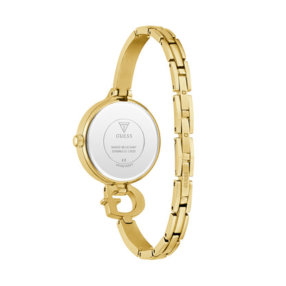 Back view of gold-tone GUESS Mod. GISELLE watch showcasing its elegant design and slim bracelet.