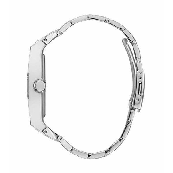 Side view of GUESS Mod. GW0094G1 gent's silver quartz analog watch, 43mm case, water-resistant 5 ATM, in official box.