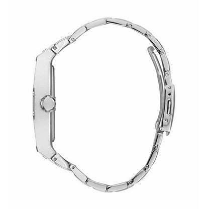 Side view of GUESS Mod. GW0094G1 gent's silver quartz analog watch, 43mm case, water-resistant 5 ATM, in official box.