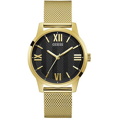 Gold GUESS watch with black dial featuring Roman numerals and mesh band.