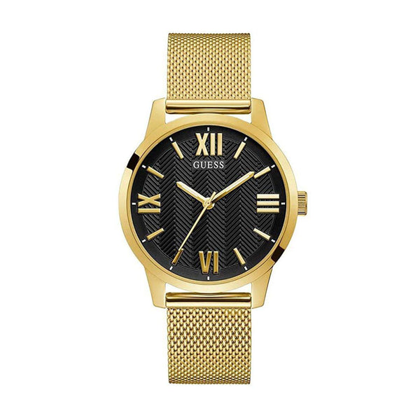 Gold analog watch with black dial by GUESS Mod. GW0214G2, featuring silver mesh band and quartz movement, elegant timepiece design.