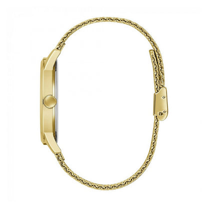 Side view of a gold GUESS watch model GW0214G2 with a slim case and chain bracelet.