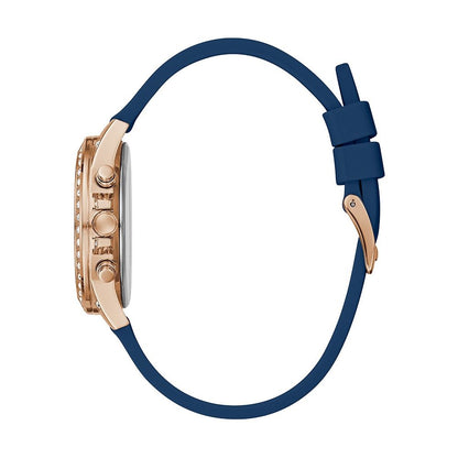 Side view of blue and rose gold watch with quartz analog movement, showcasing elegant design. GUESS Mod. GW0222L2.