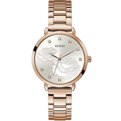 GUESS Mod. GW0242L3 ladies silver quartz watch with analog movement, featuring a rose gold-tone band and mineral dial, water resistant to 3 ATM.