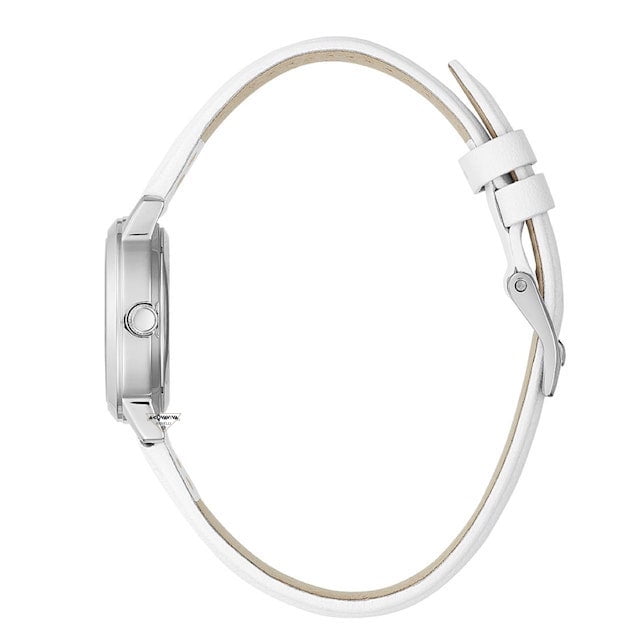 Side view of GUESS Mod. GW0246L1 quartz analog lady necklace in silver, with a white leather strap, displayed with official packaging.