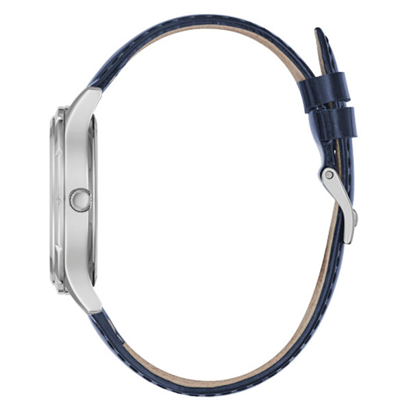 Side view of GUESS Mod. GW0299L1 watch with silver case and blue leather strap. Quartz analog movement and 5 ATM water resistance.