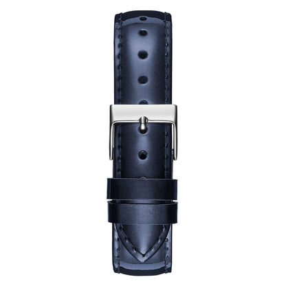 Black leather watch strap with silver buckle, stylish and adjustable for various wrist sizes.