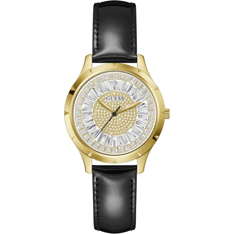 Gold GUESS Mod. GW0299L2 quartz watch with black leather strap, adorned with crystal detailing and silver dial, 5 ATM water resistant.